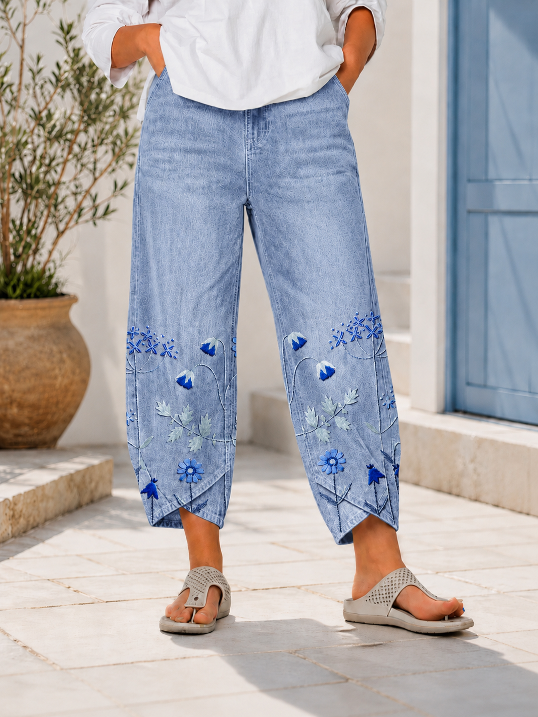 Selcen | Pantalón Recto Bordado Floral Casual
