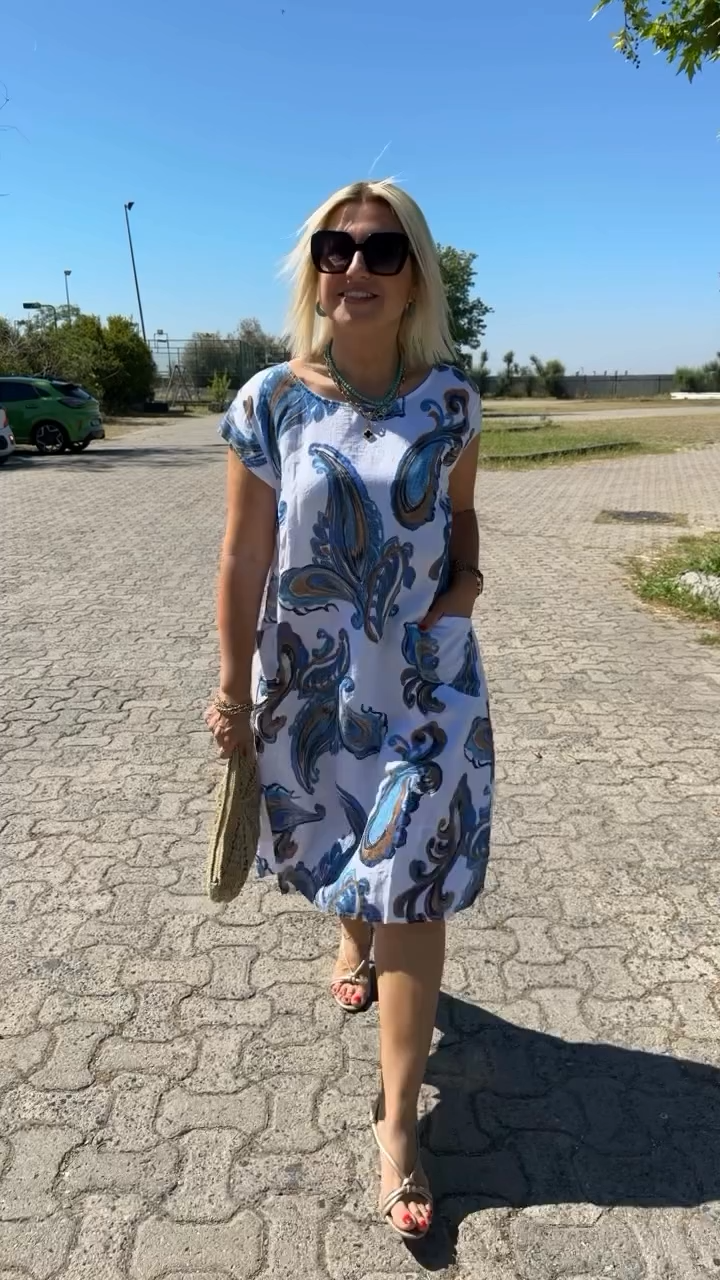 Hazal | Vestido Estampado de Manga Corta con Bolsillos