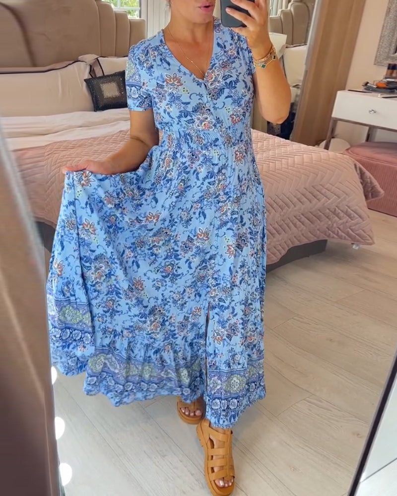 Wibia | Vestido Midi De Manga Corta Con Estampado Floral, Cuello en V Y Botones en La Parte Delantera