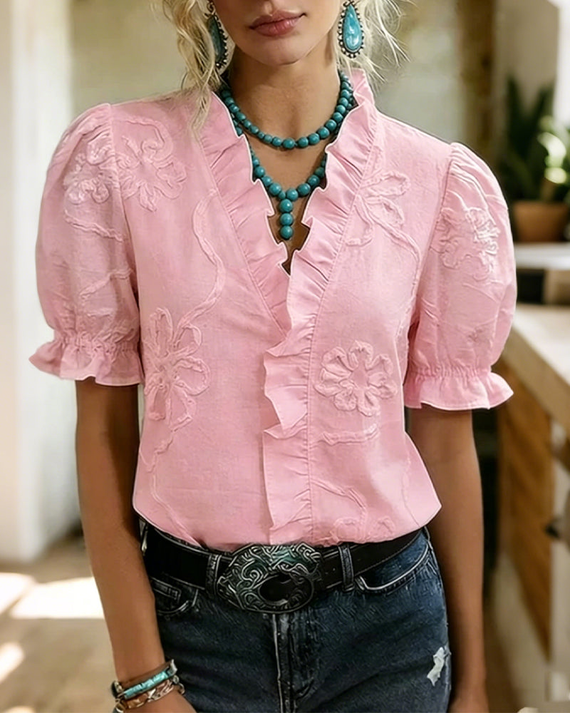 Lillynn | Blusa Escote V Con Volantes Y Manga Abullonada