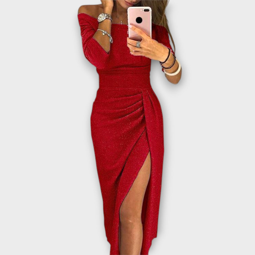 Minjee | Vestido Midi Con Hombros al Descubierto Fruncido y Abertura