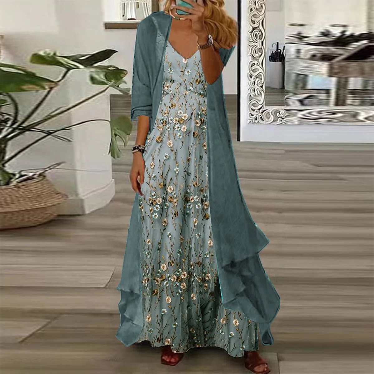 Edda | Vestido Largo Sin Mangas Con Cuello en V Y Estampado Floral, Con Cárdigan