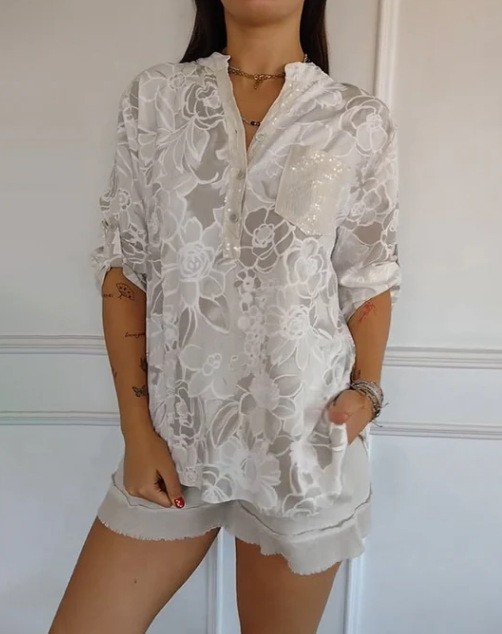 Narese | Blusa con Estampado floral, Cuello en V y Mangas Enrolladas