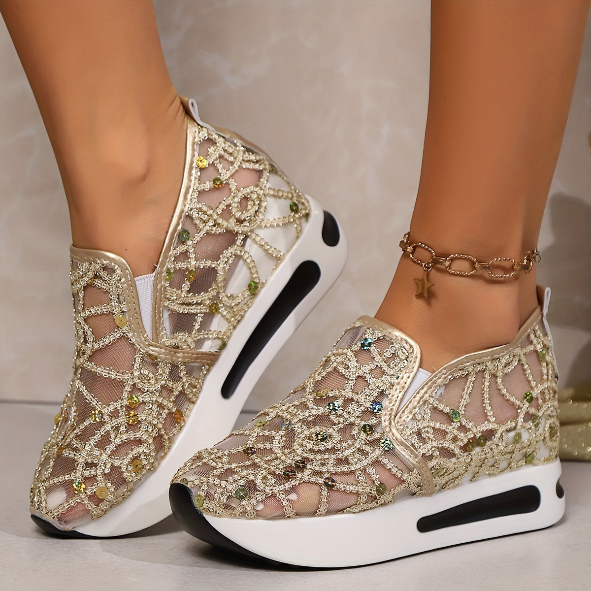 Heleen - Zapatillas Con Cuña de Plataforma y Lentejuelas sin Cordones
