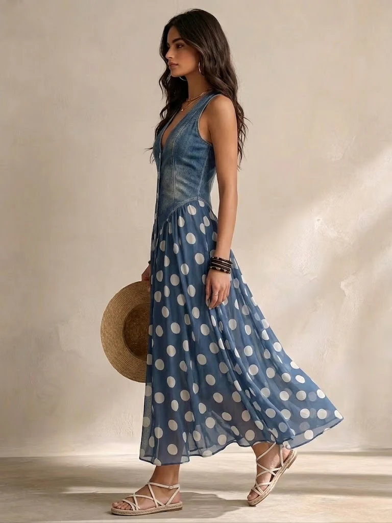 Vylina | Vestido Con Corpiño Estilo Vaquero y Lunares