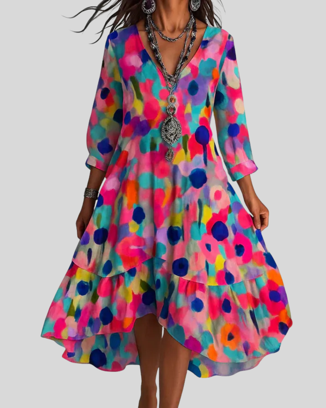 Debra | Vestido MIDI Asimétrico Con Cuello en V Y Estampado Floral