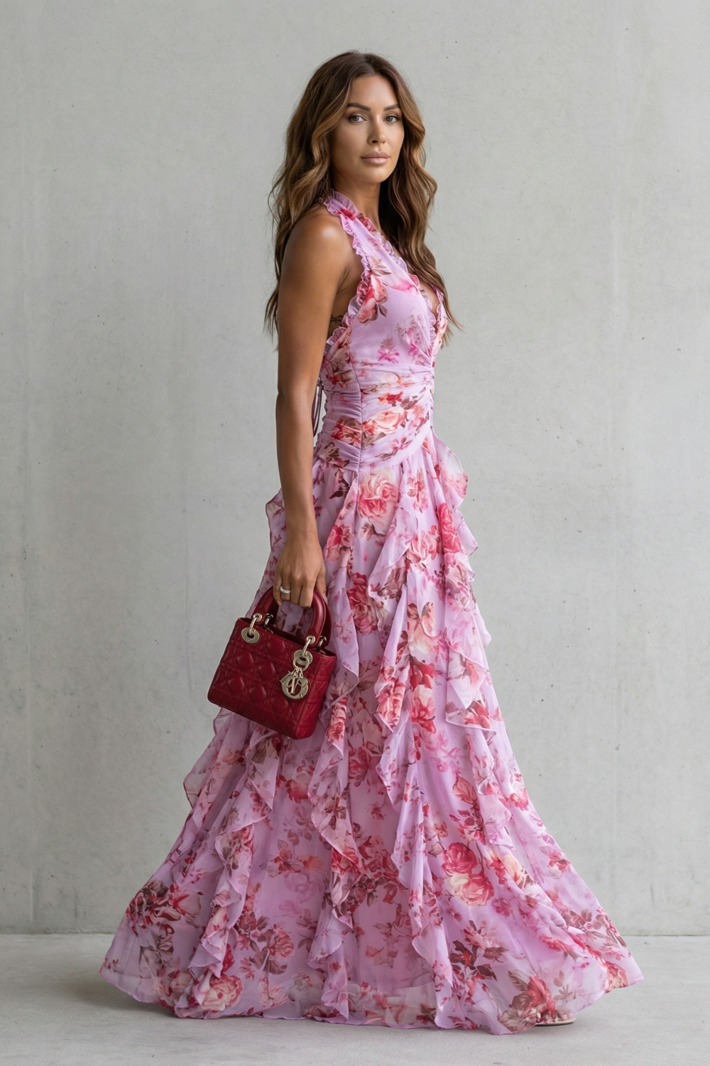Eliora | Vestido largo con Volantes y Cuello Halter de Estampado Floral