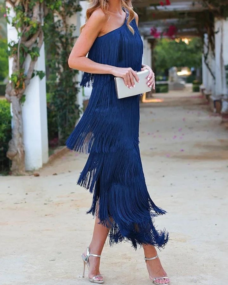 Mirella | Vestido Largo Con Flecos y un Solo Hombro