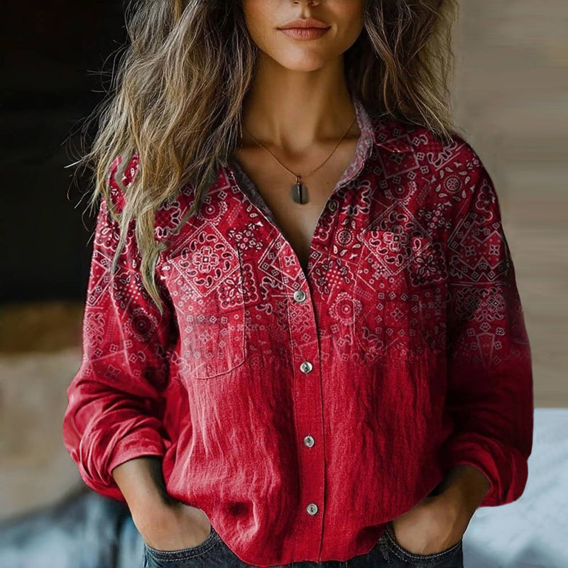 Morena | Blusa roja Estampada con Botones en la parte Delantera
