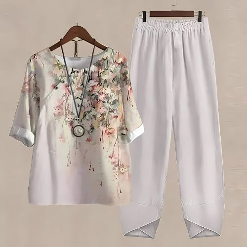 Raquel - Conjunto de dos Piezas Compuesto por un top Estampado Holgado y unos Pantalones