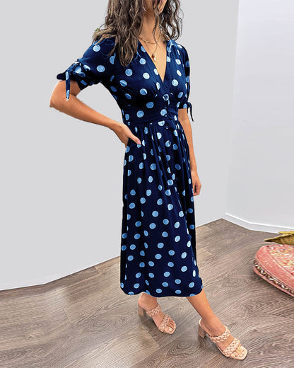 Janis | Vestido Midi Con Cuello en V y Estampado de Lunares