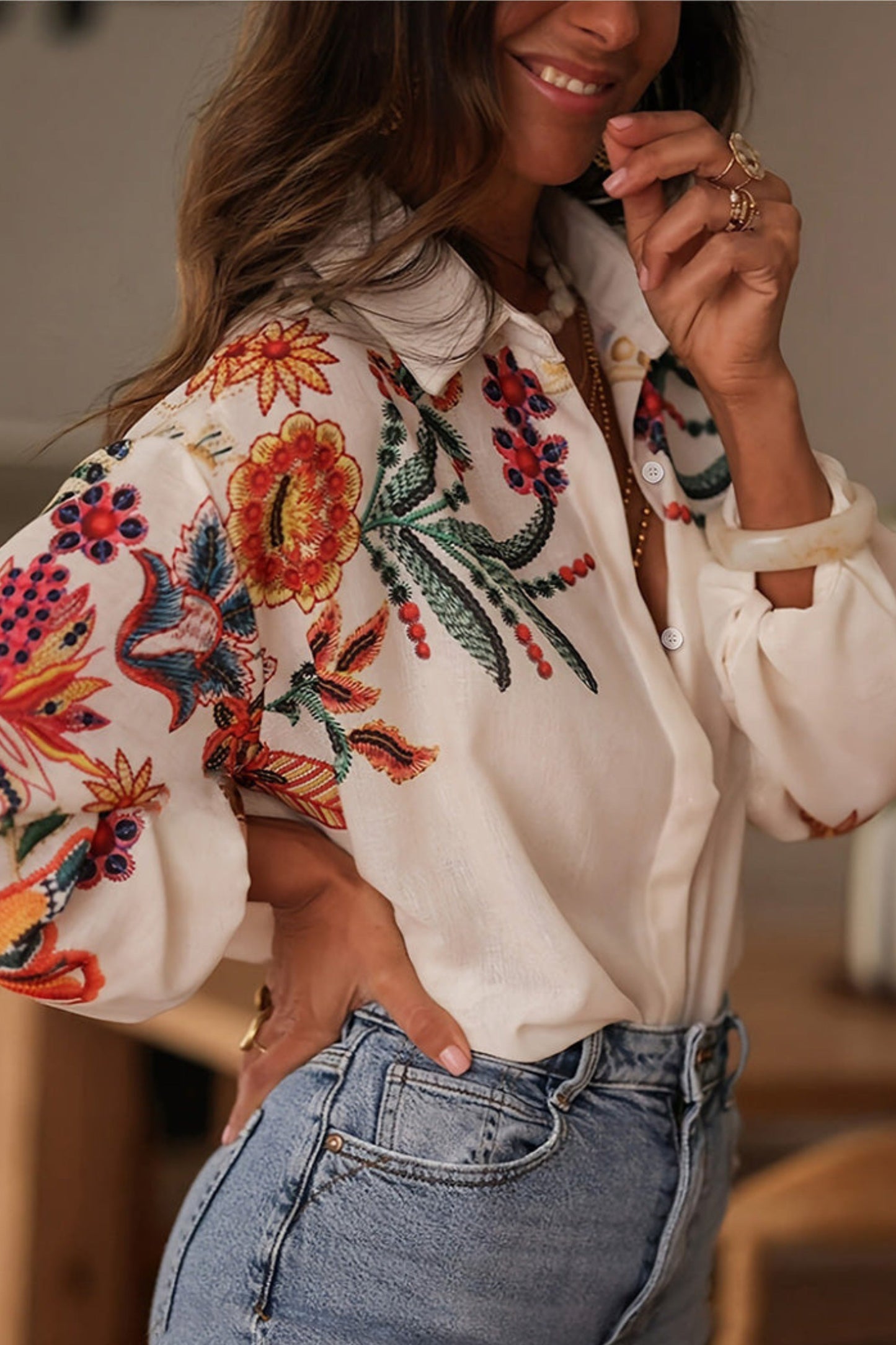Mariluna | Camisa Floral Manga Larga Con Botones