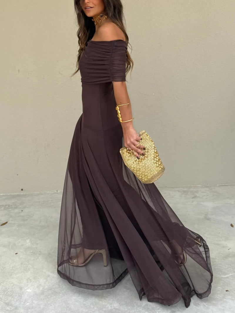 Dainia | Vestido largo con Hombros Descubiertos y bajo de Malla