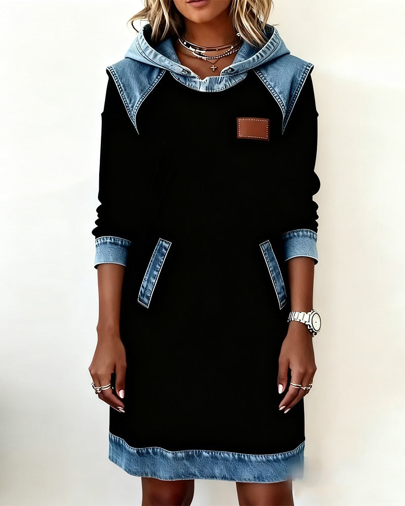 Viktoria - Vestido sudadera con capucha y ribetes de denim