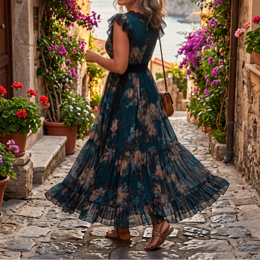Erin | Vestido Largo Con Estampado Floral y Volantes