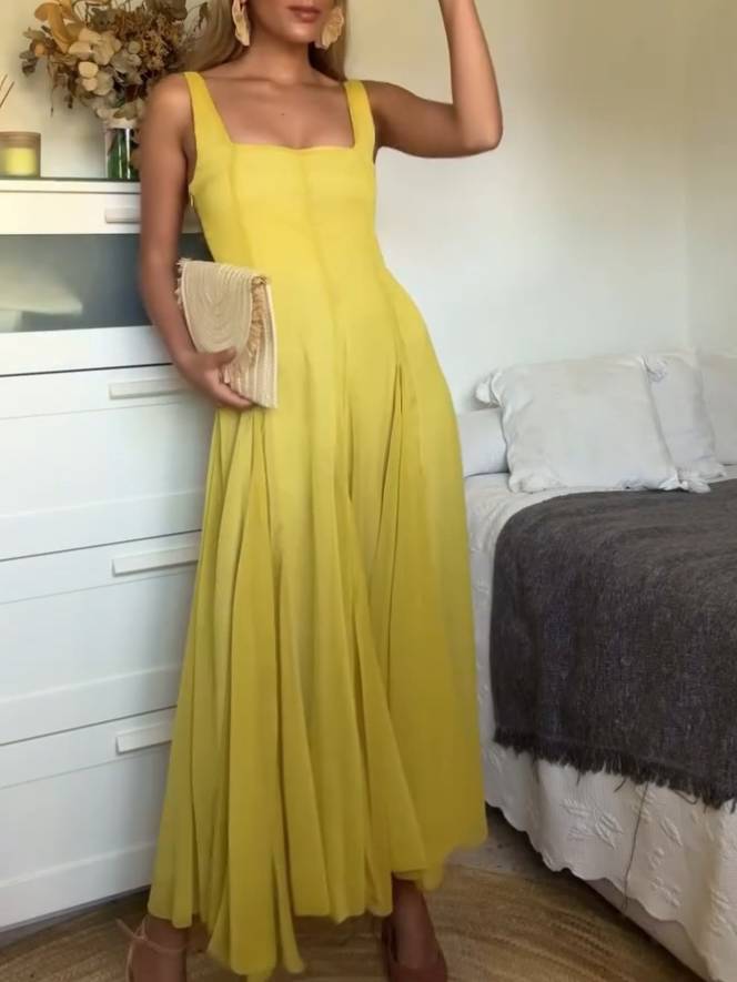 Solmaz | Vestido Largo Amarillo Con Escote Cuadrado y Tirantes