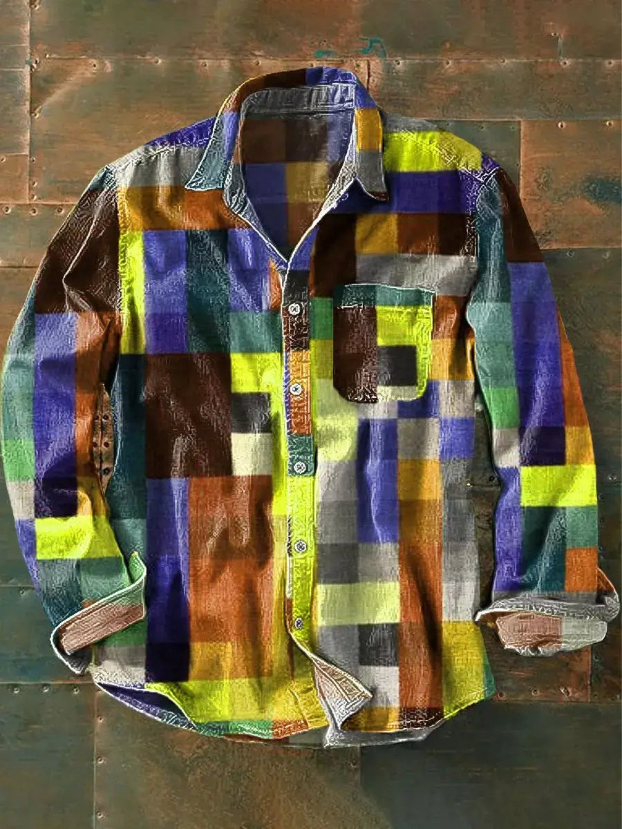 Germaine- Camisa unisex de manga Larga con Botones y Diseño Patchwork Multicolor