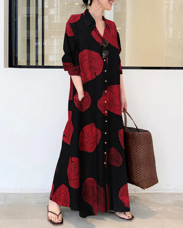 Poleska  | Vestido Largo tipo Camisa con Estampado y Cierre Frontal con Botones