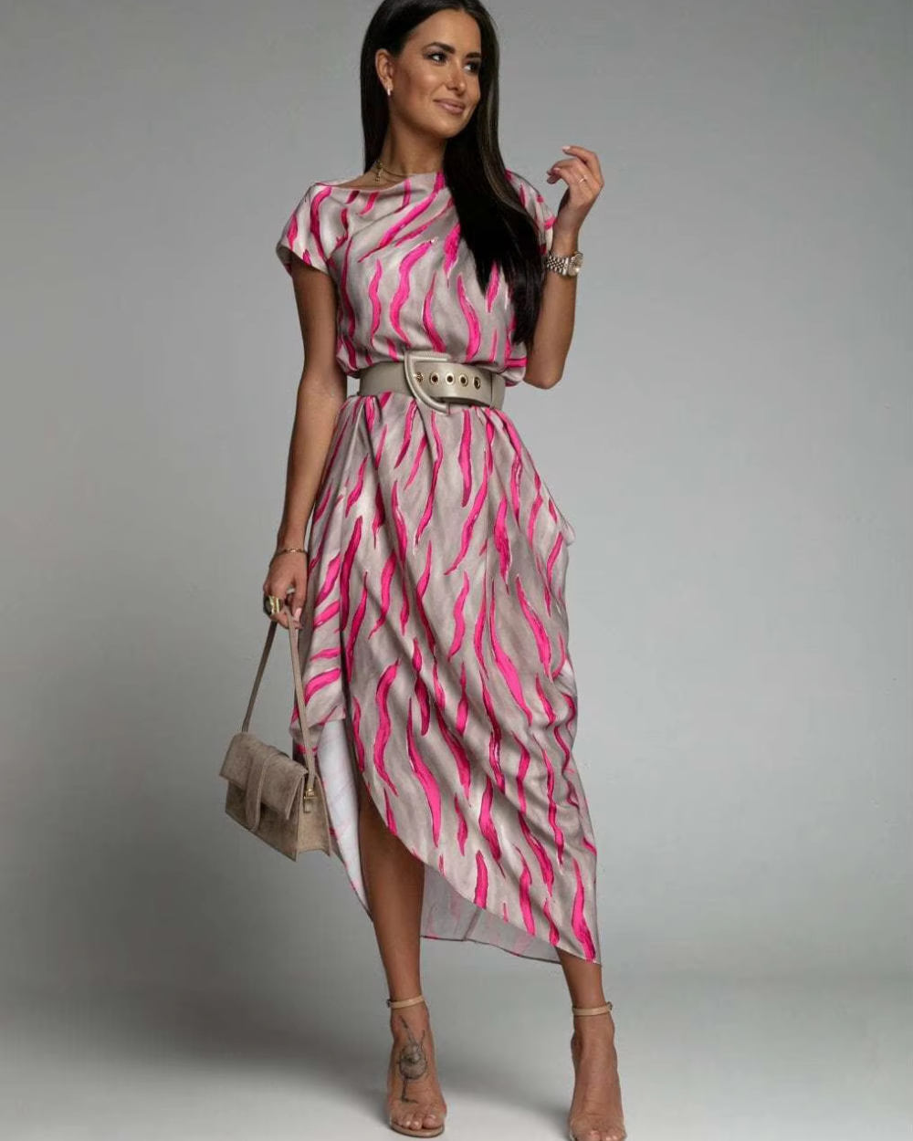 Angie - Vestido Midi Asimétrico Estampado Con Cinturón