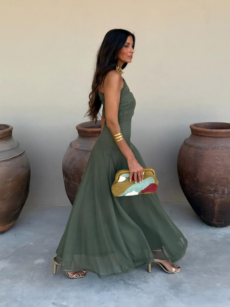 Dainia | Vestido largo con Hombros Descubiertos y bajo de Malla