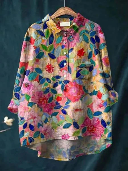Emery - Blusa Con Estampado Floral Botones Cuello y Bolsillo en el Pecho