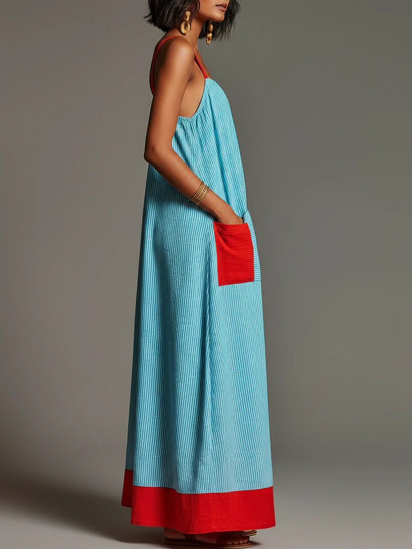 Sallina | Vestido Largo a Rayas Azules Con Ribetes en Contraste