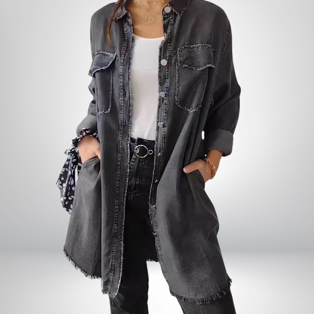 Krystyna | Chaqueta Vaquera de Manga Larga Con Cuello y Corte Largo