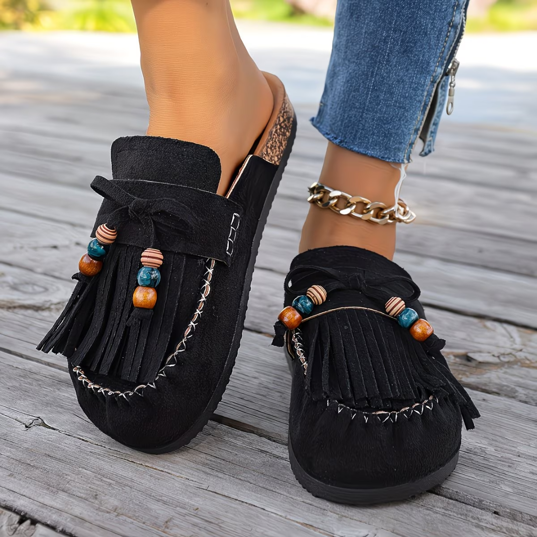 Mehra - Mules Bohemios Con Flecos y Abalorios