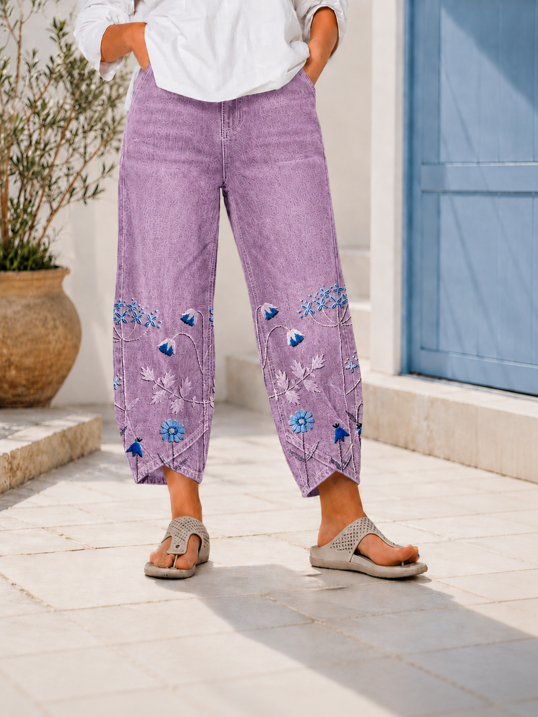 Selcen | Pantalón Recto Bordado Floral Casual