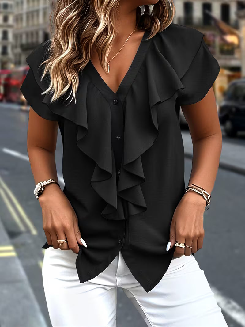 Salma - Blusa Con Cuello en V y Volantes en la Parte Delantera