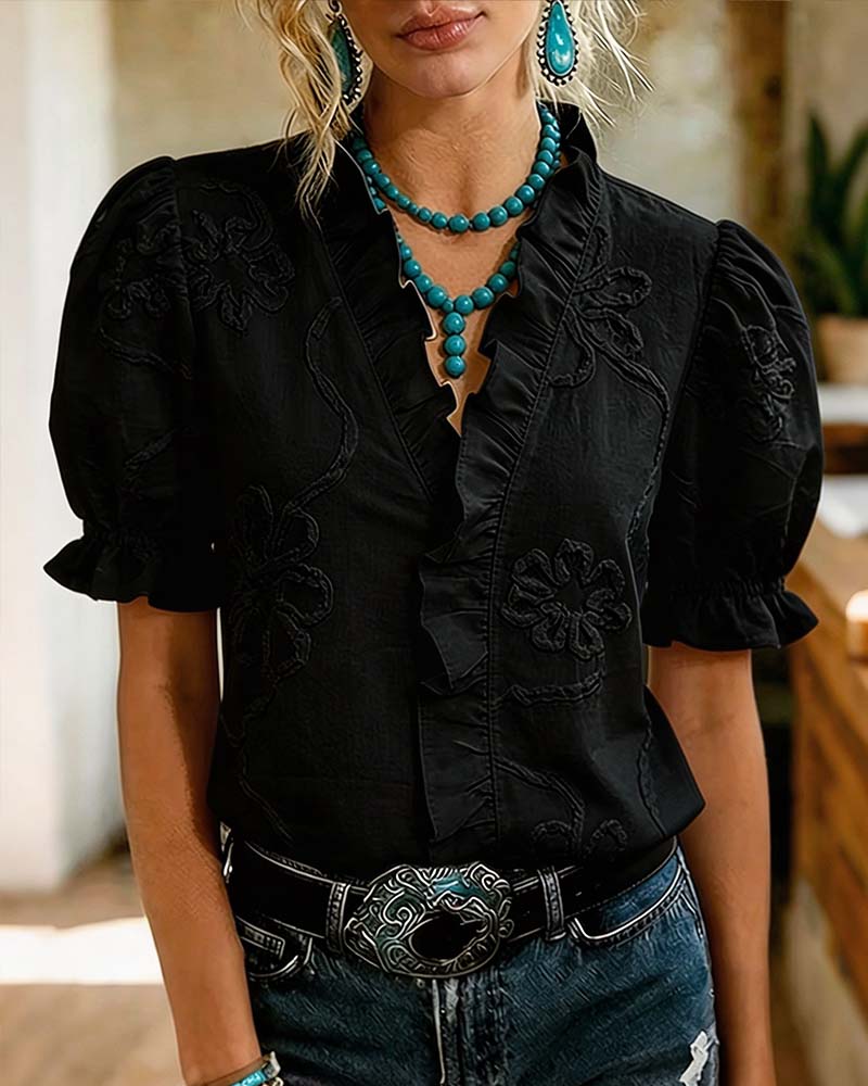 Lillynn | Blusa Escote V Con Volantes Y Manga Abullonada