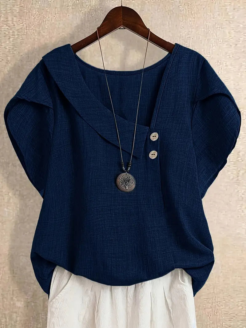 Milany - Blusa Informal De Manga Corta Con Cuello Asimétrico Y Detalle De Botones