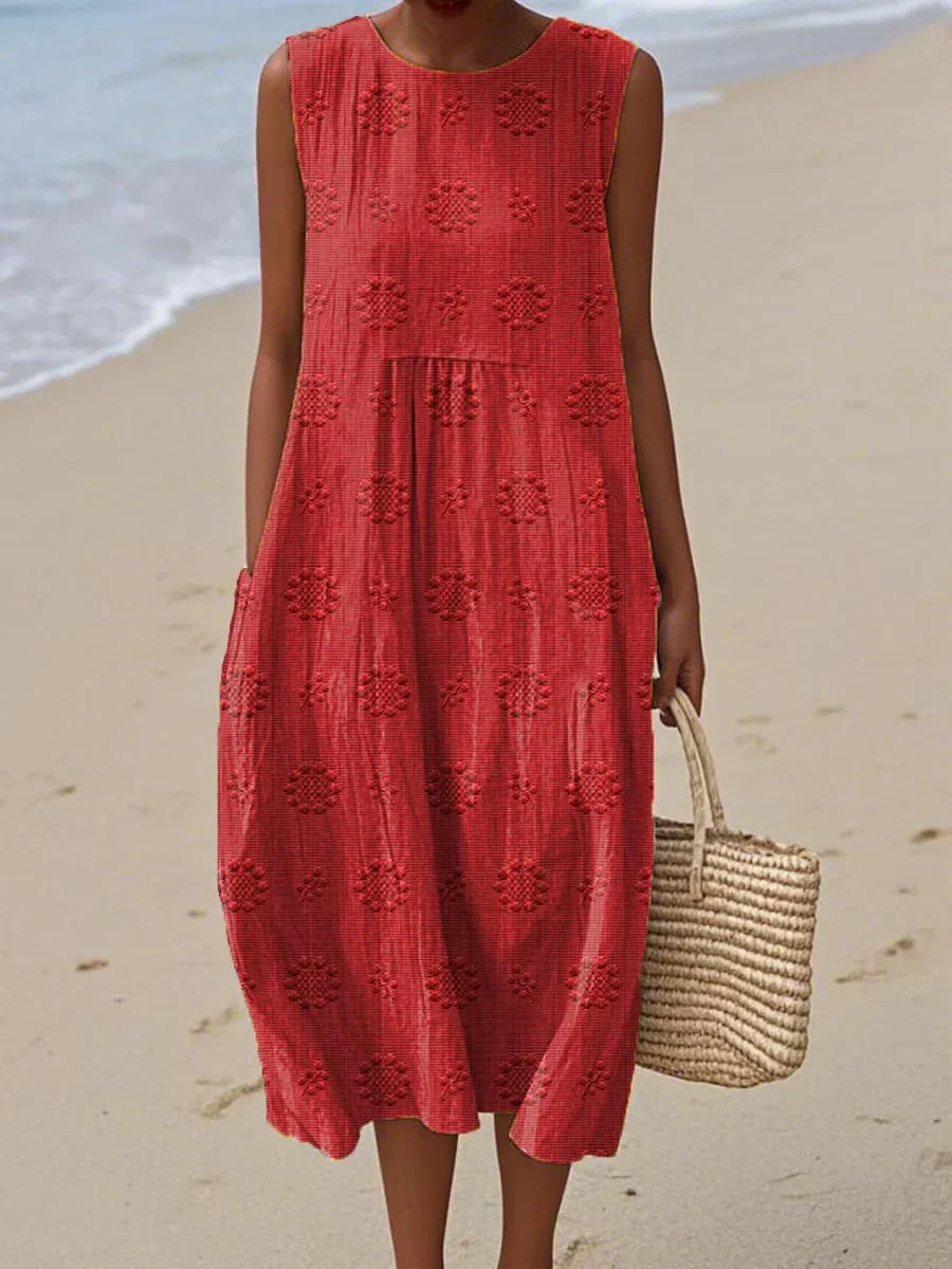 Aikaterini - Vestido Midi Sin Mangas Con Bolsillos y Textura