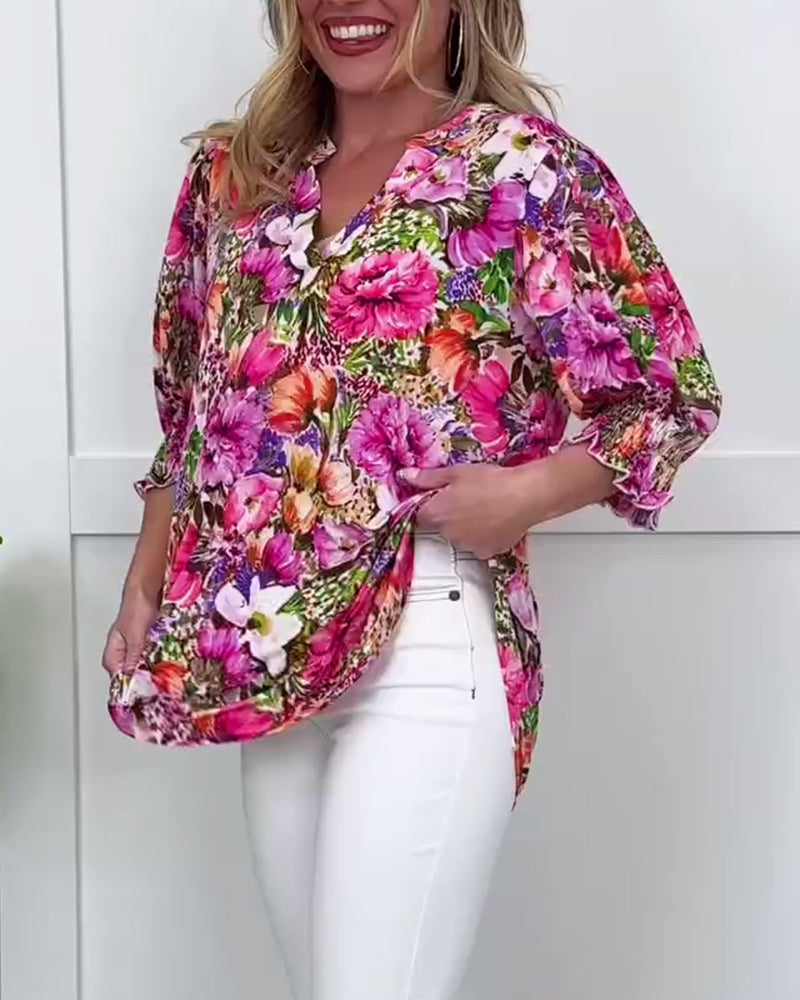 Niliza | Blusa Túnica con Cuello en V y Estampado Floral