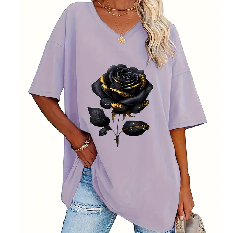 Aijia | Camiseta Cuello V Estampado Rosa Manga Corta