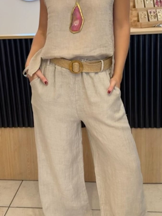 Leonila | Conjunto de Dos Piezas Top Sin Mangas y Pantalones de Pierna Ancha