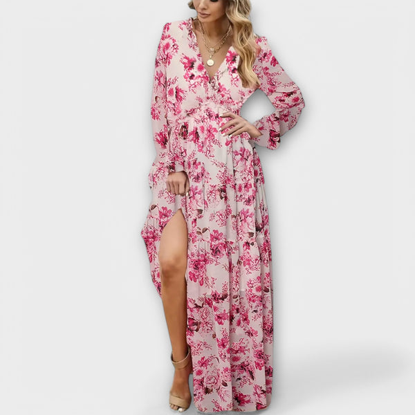 Vanna | Vestido Largo Floral con Escote en V y Manga Larga