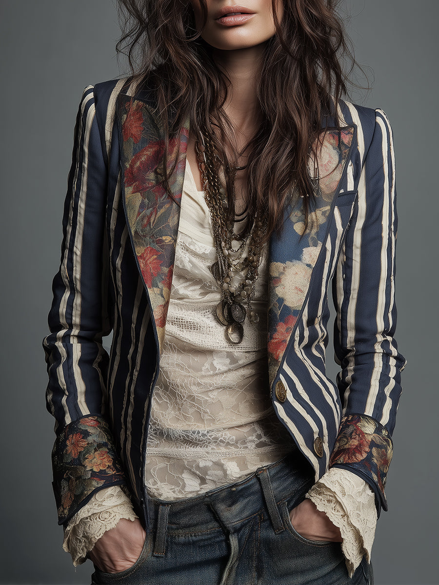 Shalisa - Blazer Bohemio a Rayas de Corte Entallado