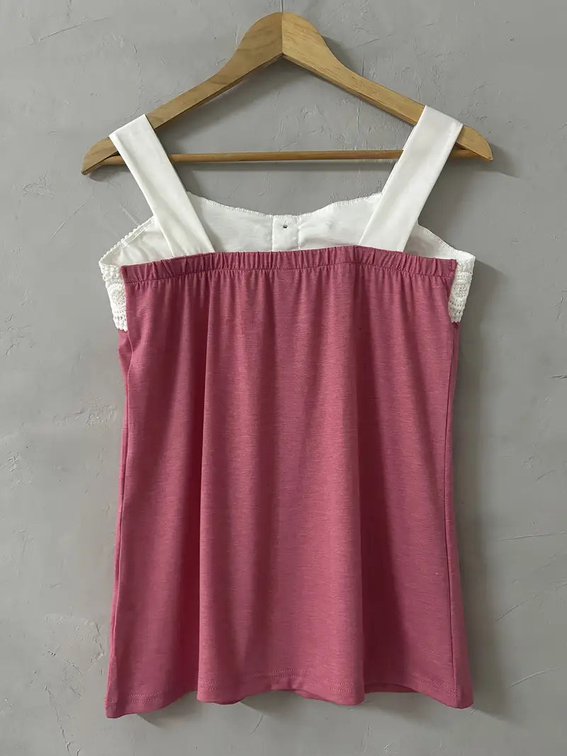 Malinda | Camiseta Sin Mangas Con Ribete de Encaje y Botones