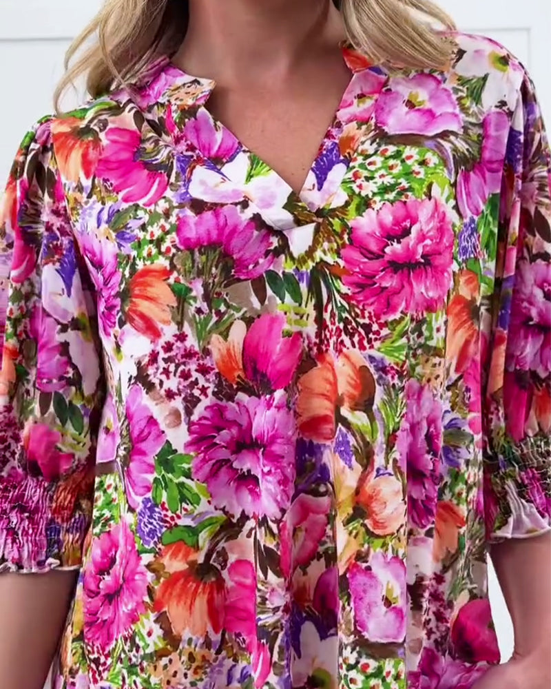 Niliza | Blusa Túnica con Cuello en V y Estampado Floral