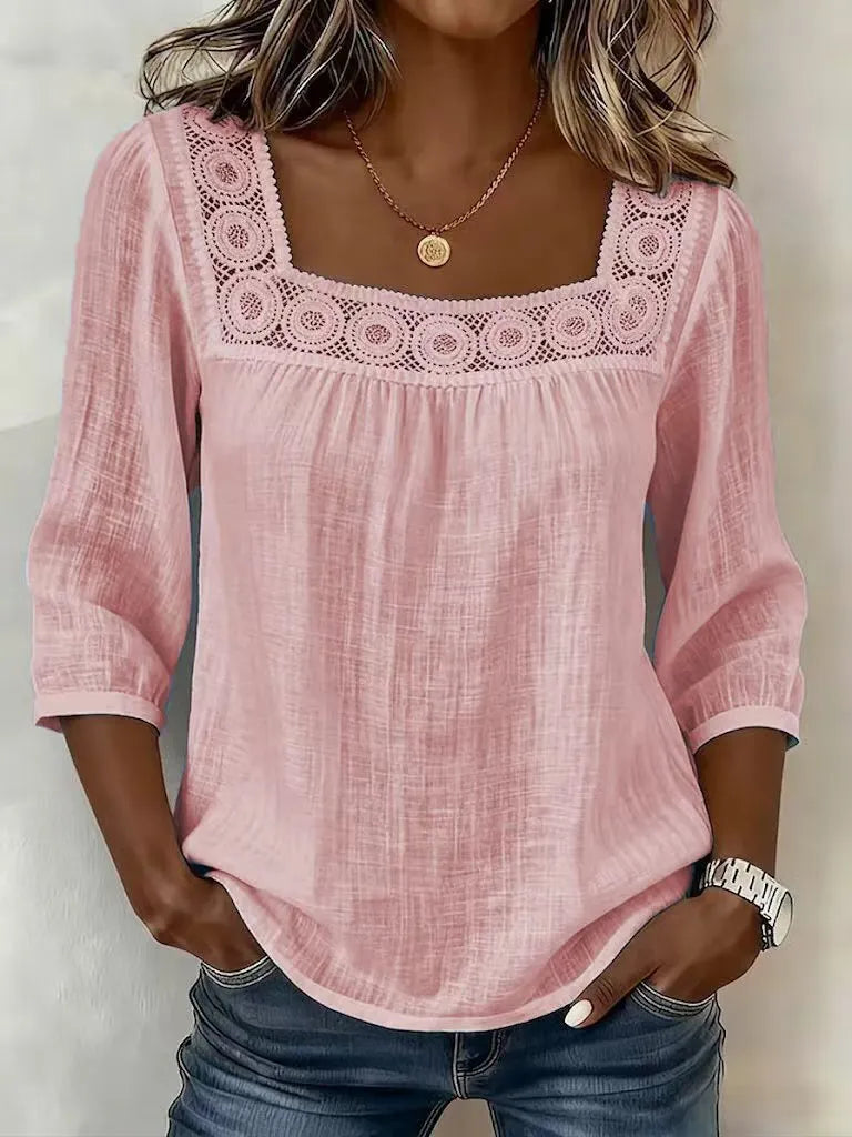 Nozomi | Blusa Con Encaje Decorativo y Escote Cuadrado