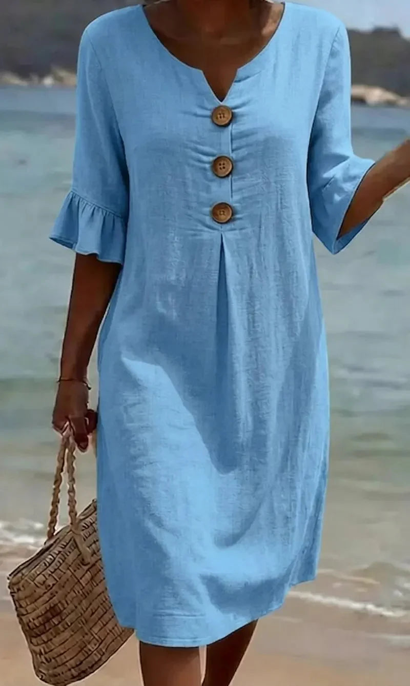 Mlaina - Vestido Midi Con Botones en la Parte Delantera y Mangas Con Volantes