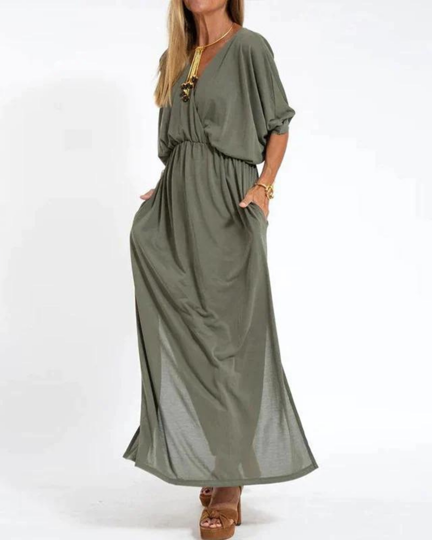 Janell | Vestido Largo Escote V con Bolsillos