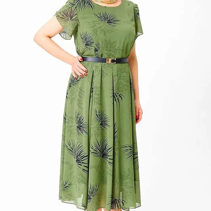 Basma | Vestido midi de Manga Corta con Estampado de hojas Verdes