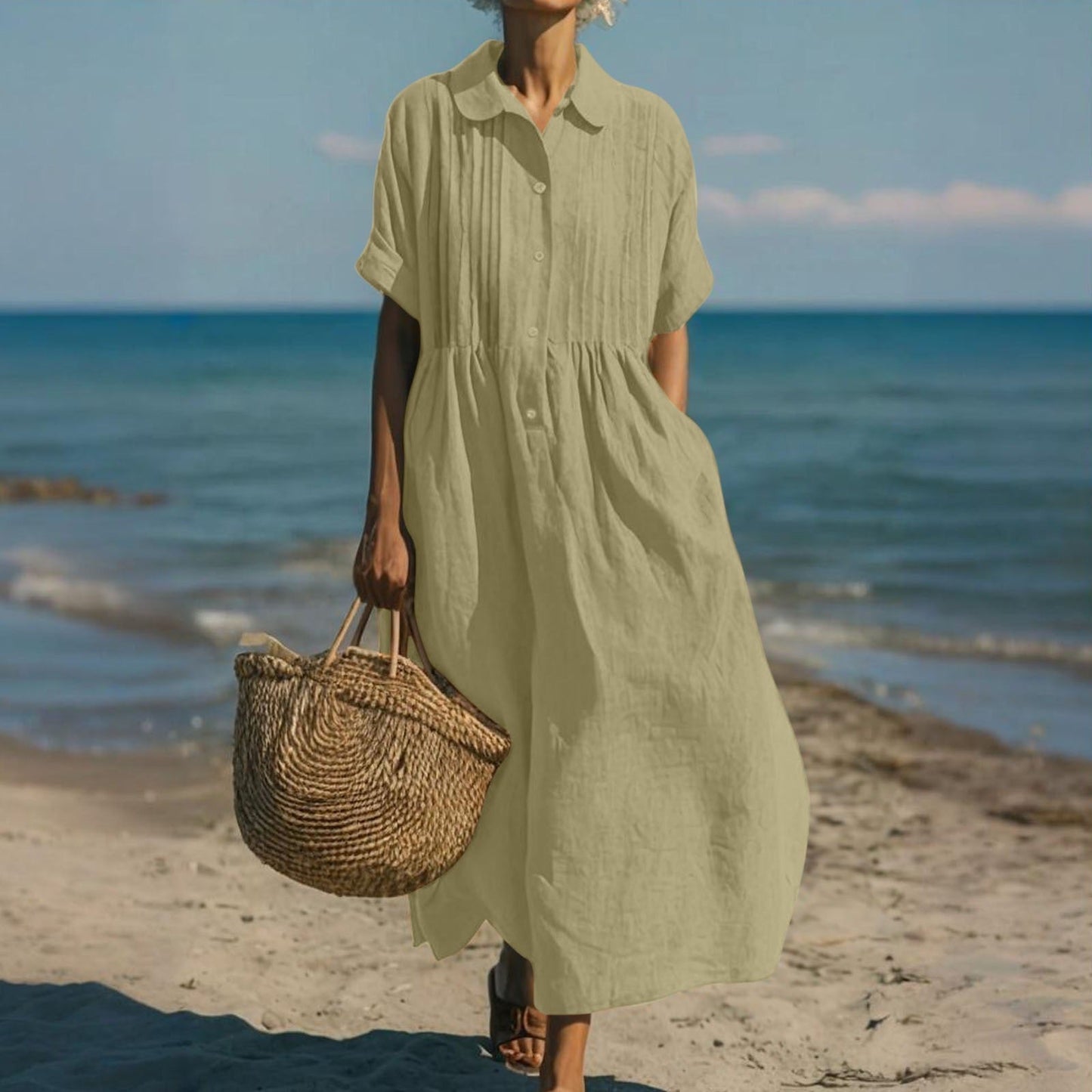 Janny - Vestido Camisero Midi Con Botones en la Parte Delantera
