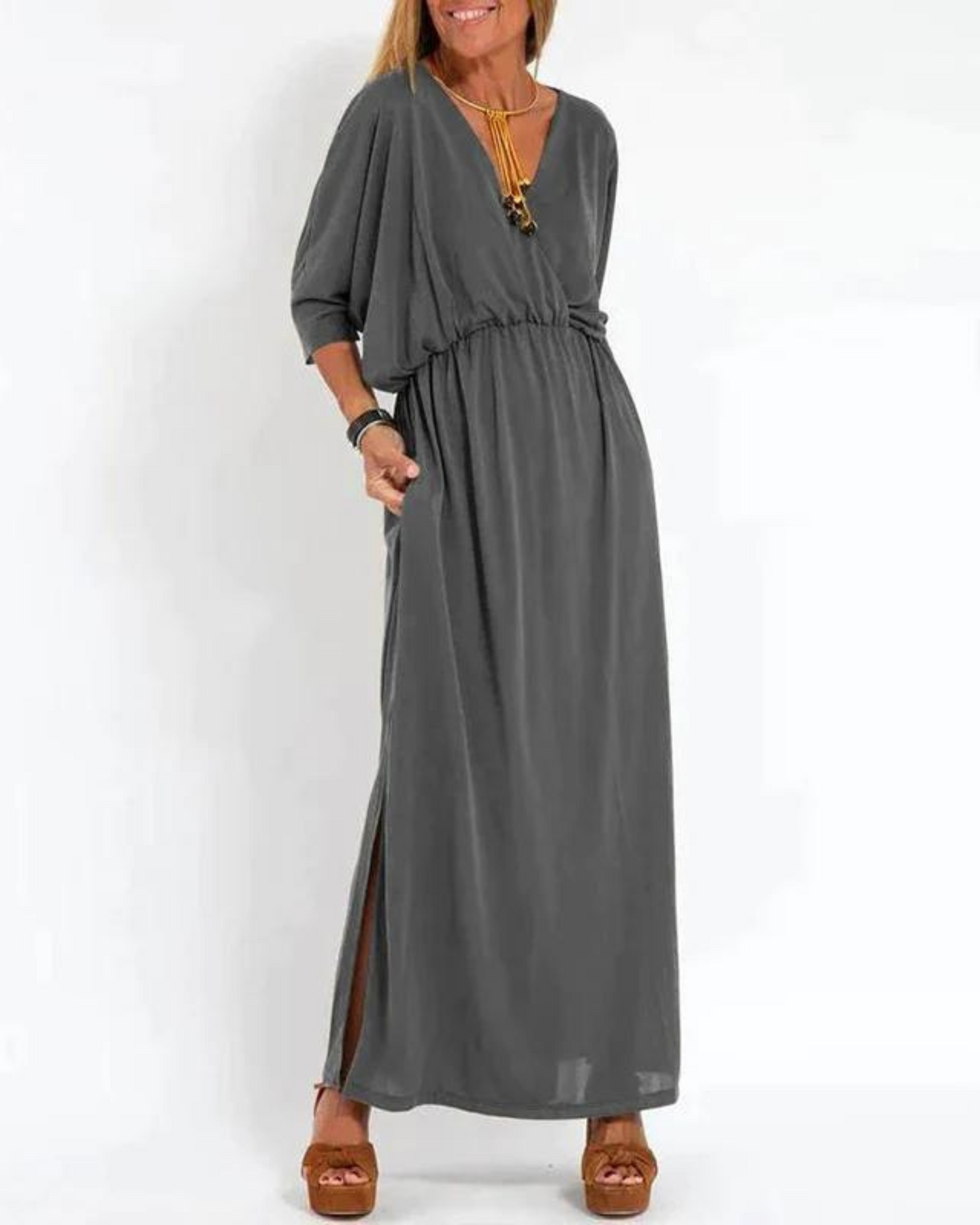 Janell | Vestido Largo Escote V con Bolsillos