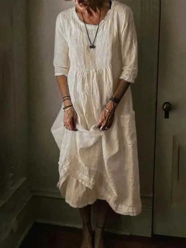 Tasoula | Vestido Midi Cuello Redondo Manga Tres Cuartos