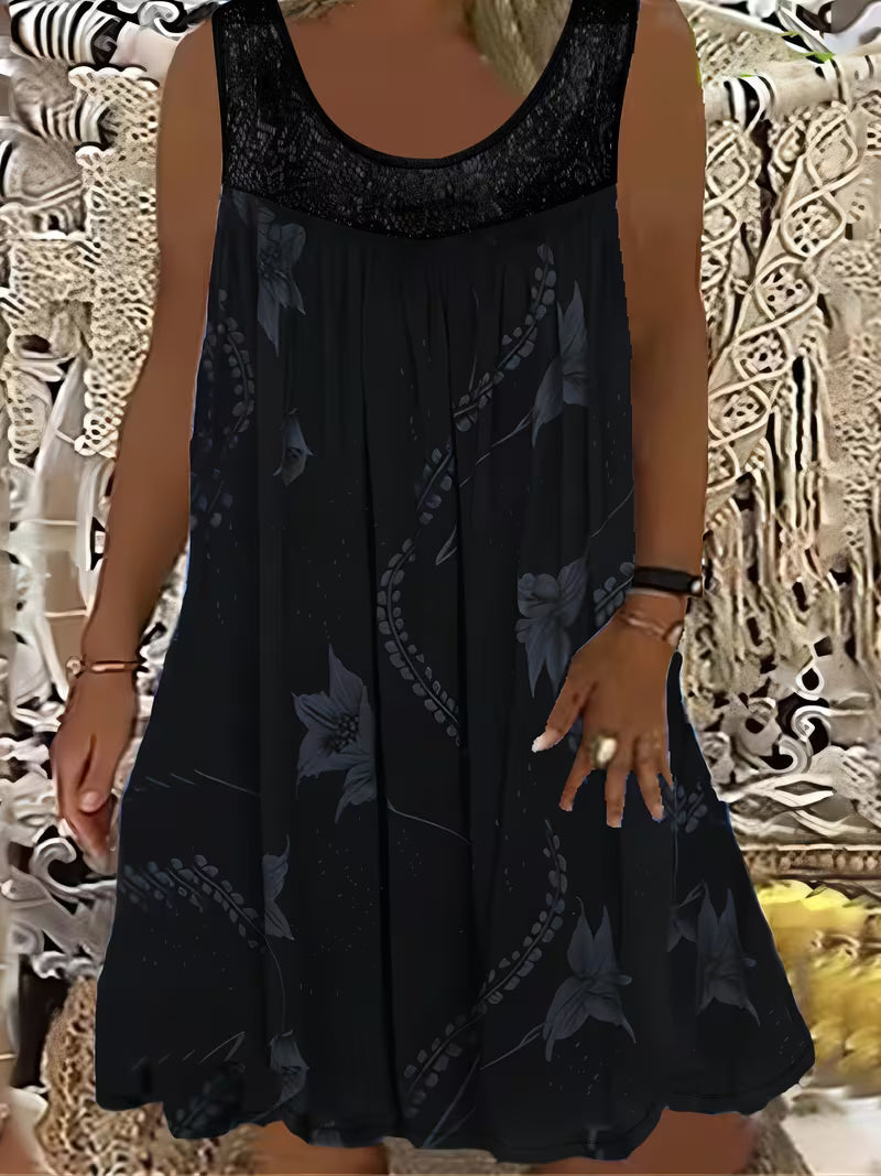 Samudri | Vestido Sin Mangas De Corte en a Con Estampado Floral Panel De Encaje Y Cuello Redondo