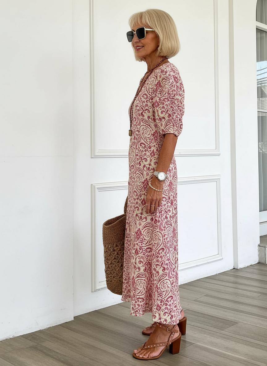 Zarmina | Vestido midi Rosa con Estampado de Paisley y Cuello en V
