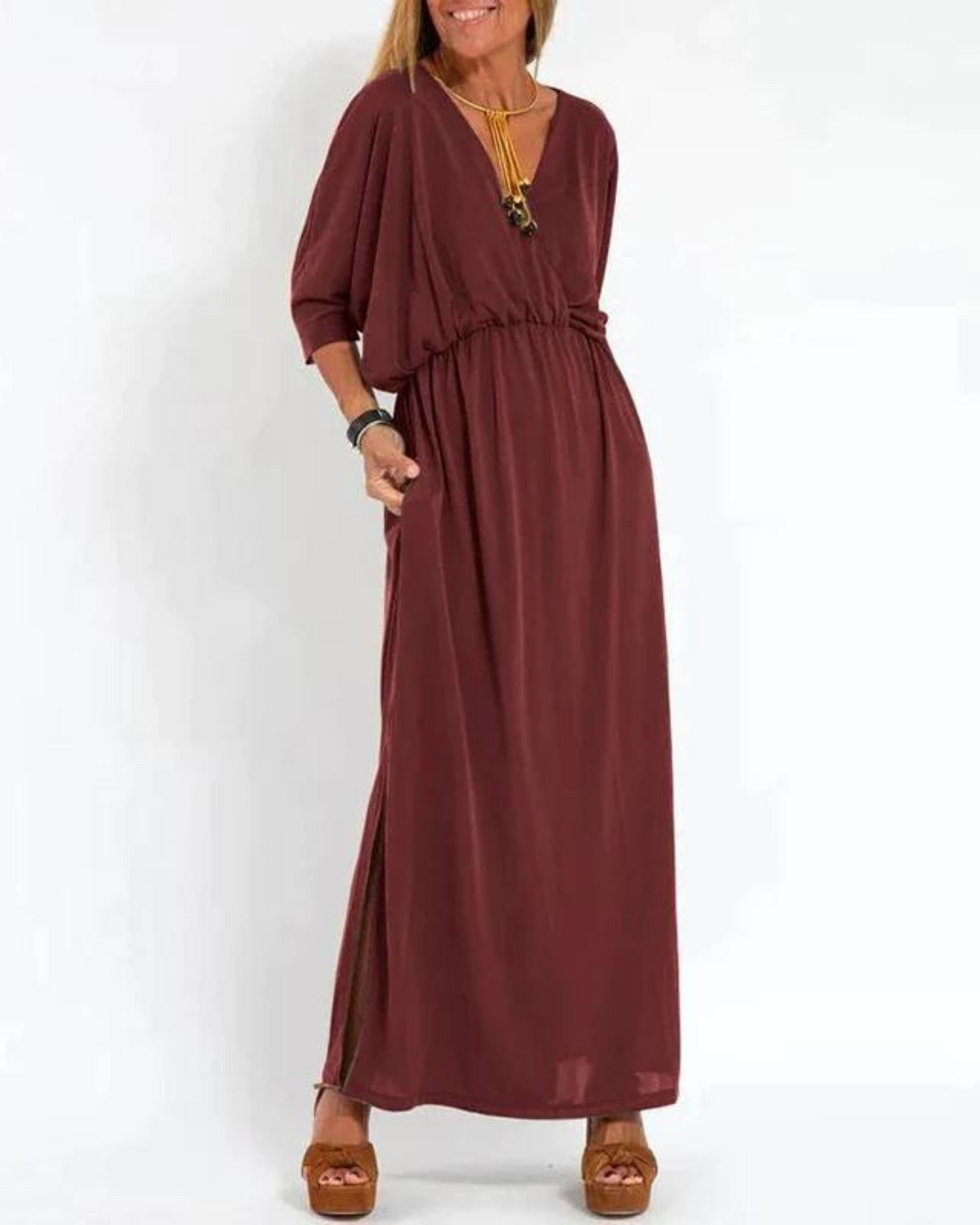 Janell | Vestido Largo Escote V con Bolsillos
